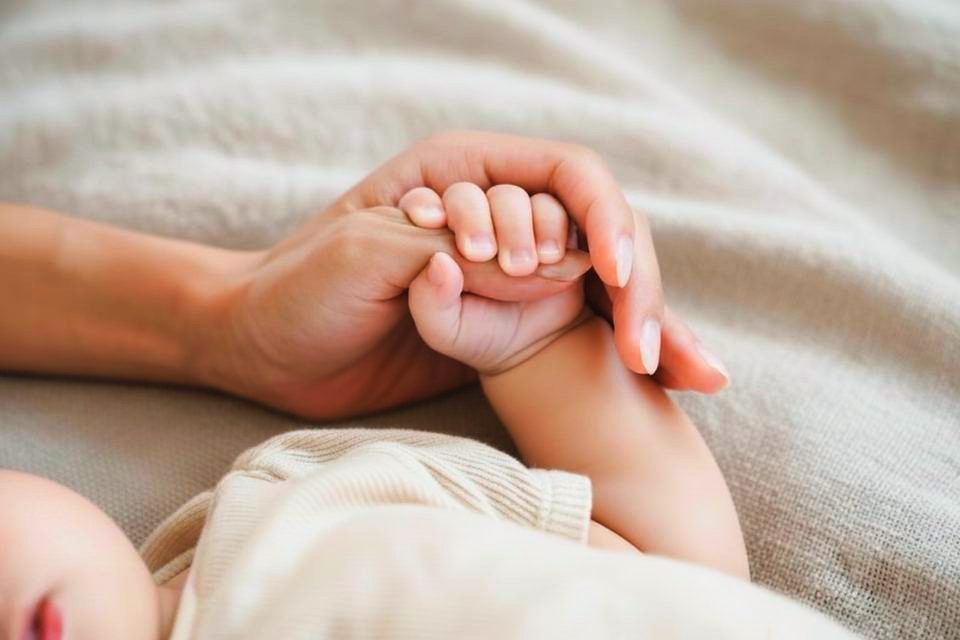 Die Hand einer Mutter hält die kleine Hand ihres Babys auf einer weichen Decke